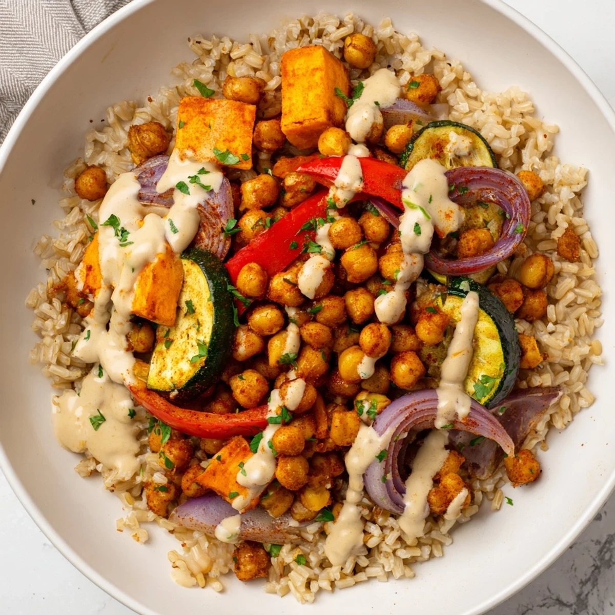 A close-up reveals the layers of a Roasted Chickpea Buddha Bowl, with creamy tahini sauce drizzled over fresh ingredients.