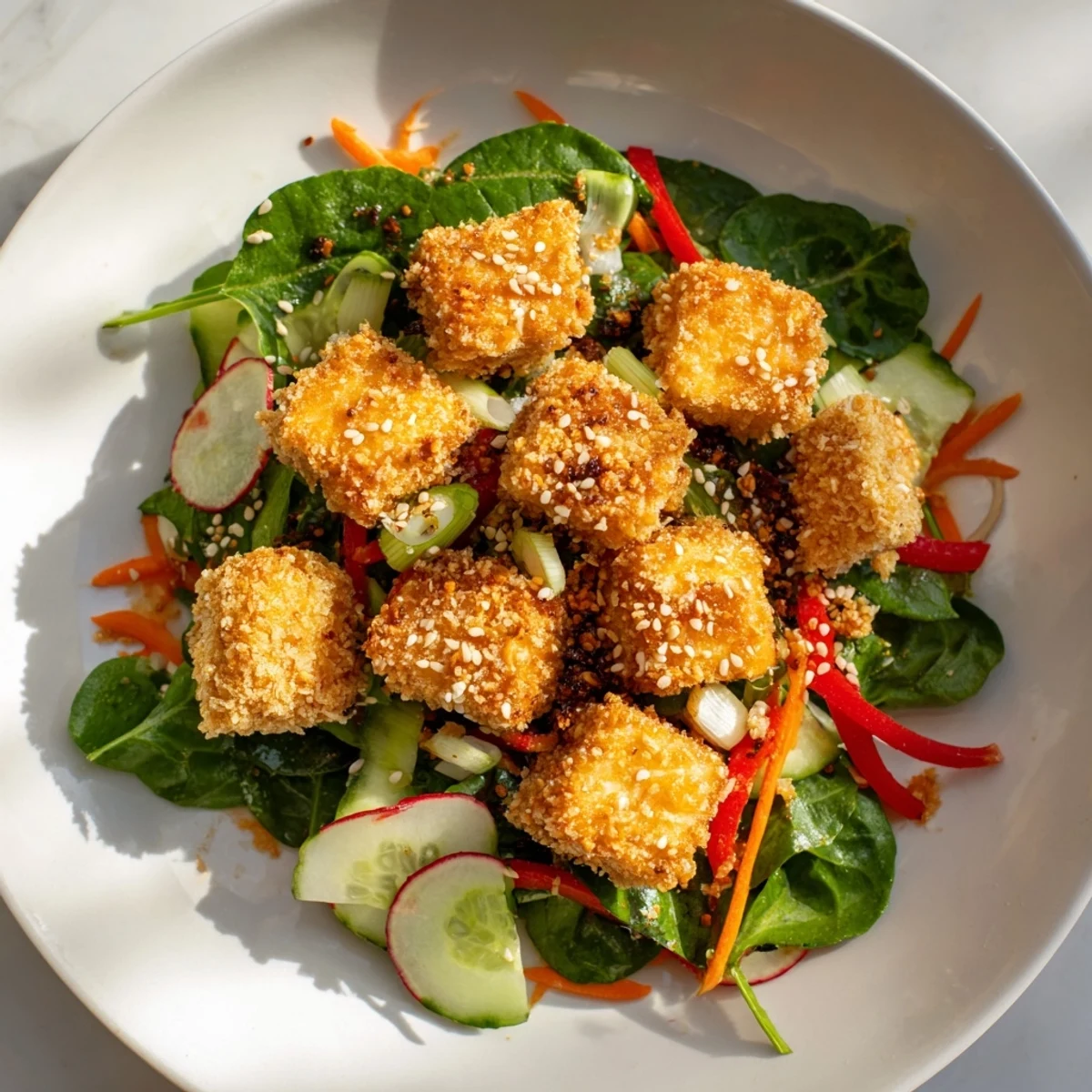 Golden, crispy tofu salad, full of fresh veggies and a savory ginger-soy dressing.