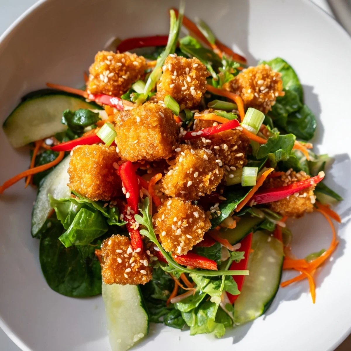 Close-up of a flavorful crispy tofu salad, featuring fried tofu cubes with sesame seeds.