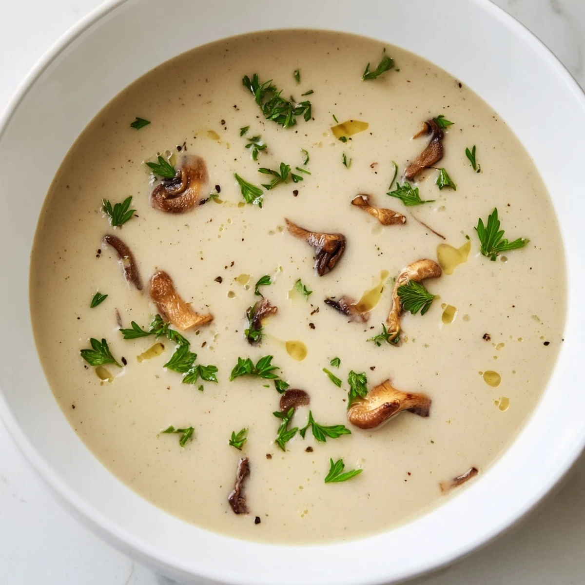 A steaming bowl of Creamy Mushroom Bisque, garnished with fresh herbs, ready to savor.