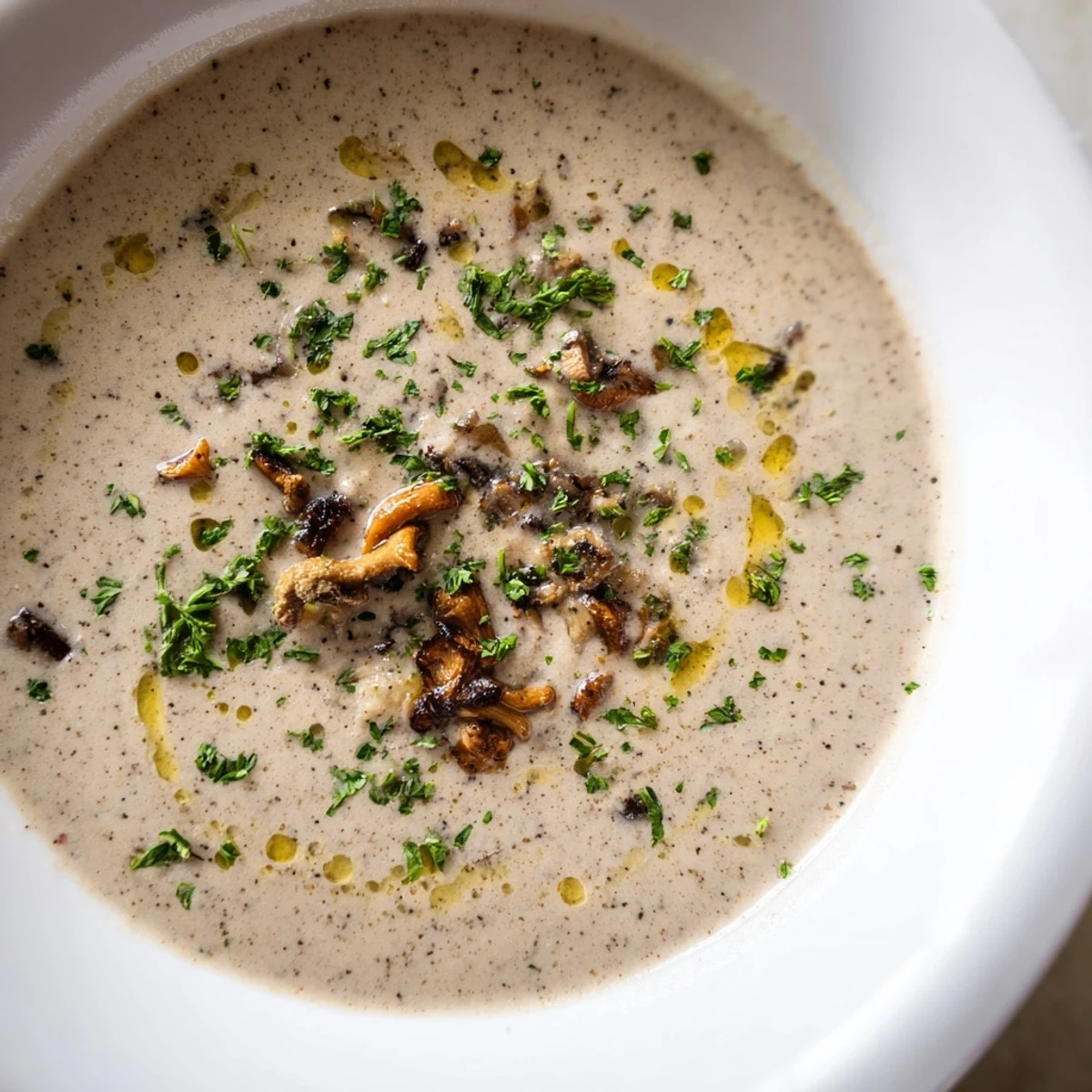 Close up shot of rich, velvety Creamy Mushroom Bisque, perfect for a cozy dinner.