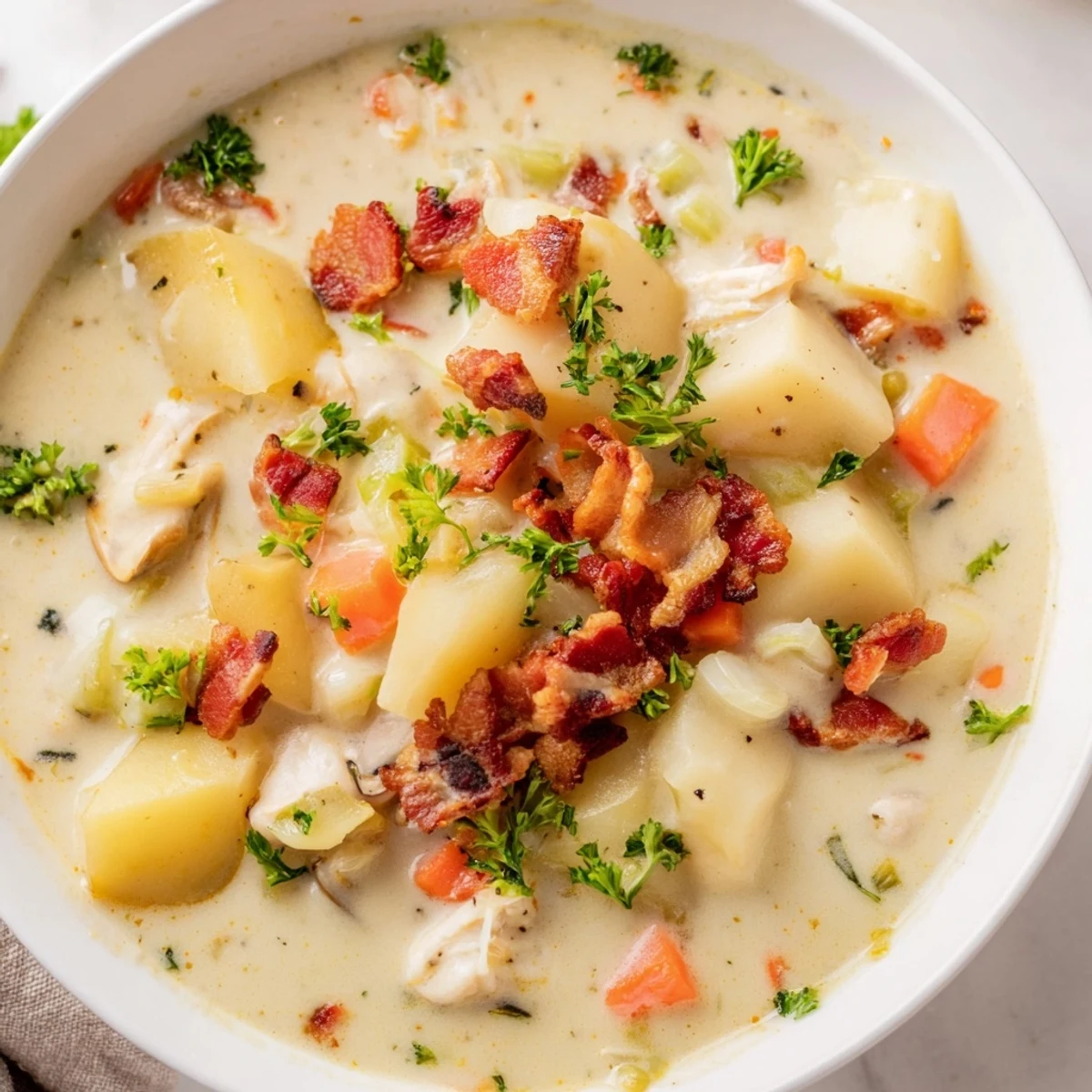 A steaming bowl of New England Clam Chowder, creamy and packed with clams and potatoes.