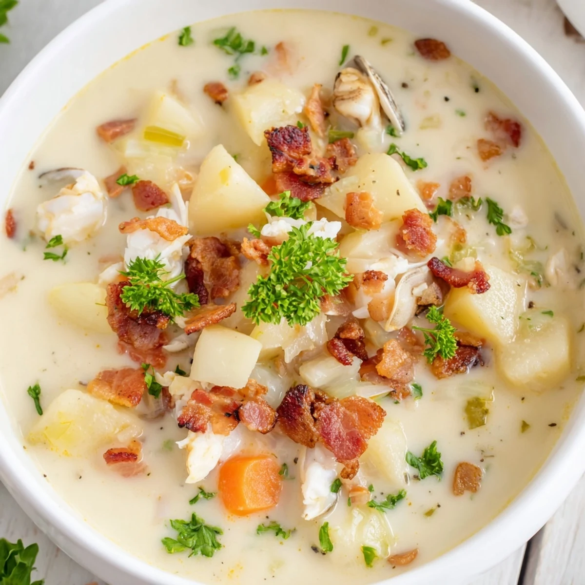Enjoy a comforting serving of homemade New England Clam Chowder, perfect for a cold day.