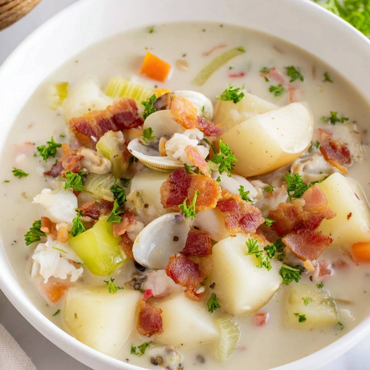 Freshly garnished New England Clam Chowder, showcasing a rich, thick, and flavorful seafood soup.