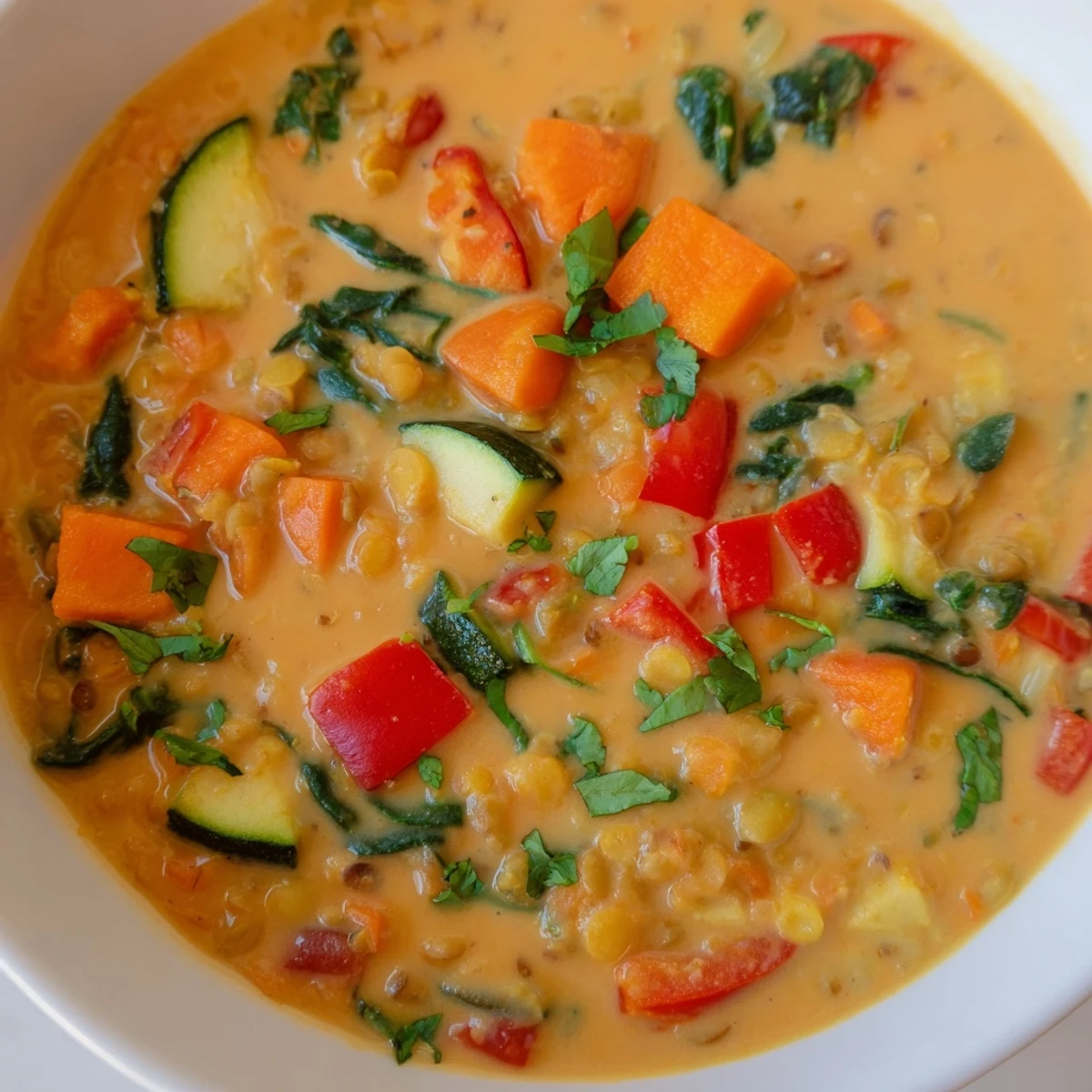 Steaming, fragrant Lentil Red Curry Soup in a bowl, garnished with fresh cilantro and vibrant red peppers.
