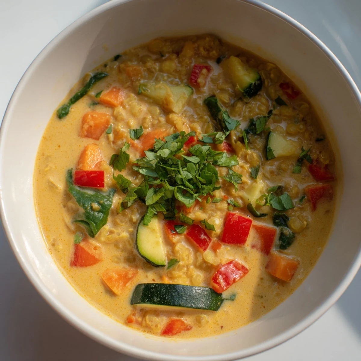 A close-up shot of a comforting bowl of rich and flavorful Lentil Red Curry Soup, perfect for a cozy dinner.