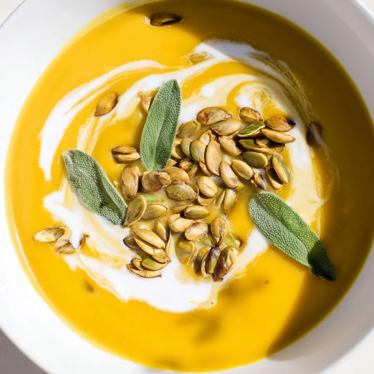 Steaming bowl of creamy butternut squash soup, garnished with roasted seeds, perfect for fall.