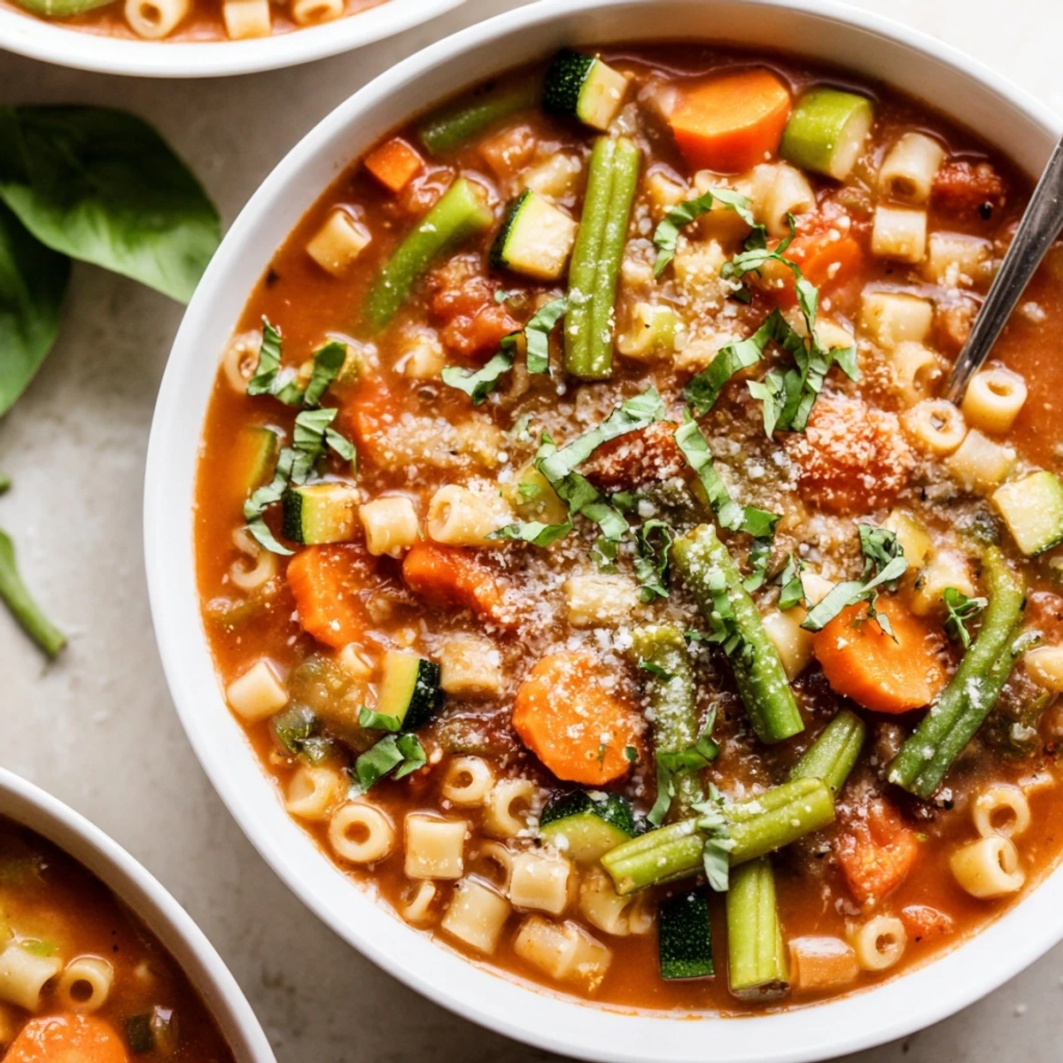 Close-up of hearty Tomato Basil Minestrone, swimming in a rich tomato broth, perfect for dinners.
