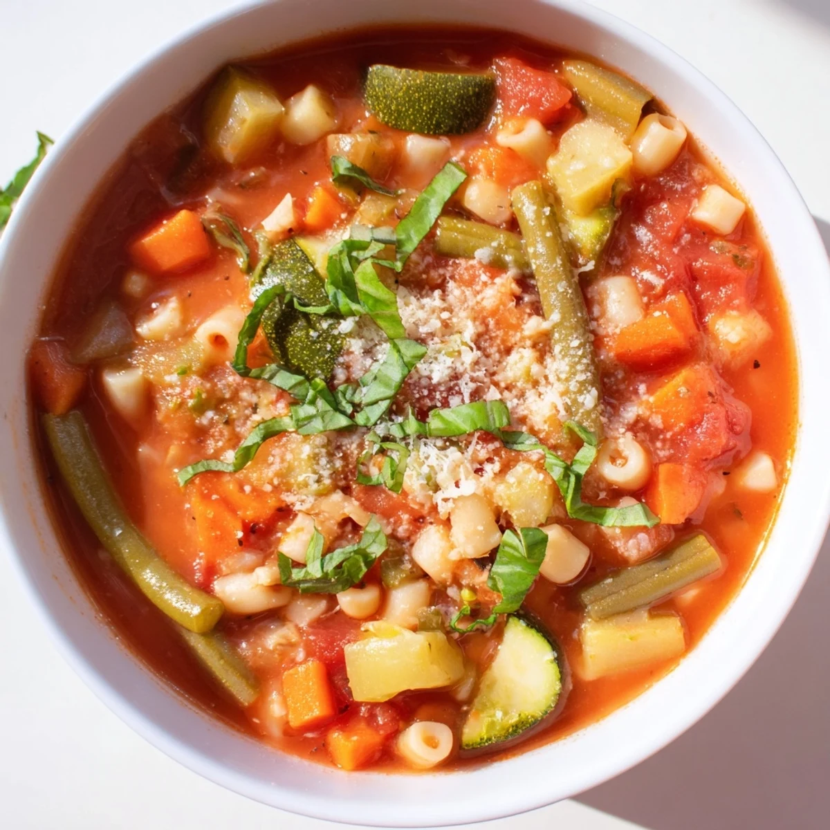 Fragrant and flavorful Italian Tomato Basil Minestrone soup, served hot, topped with fresh herbs.