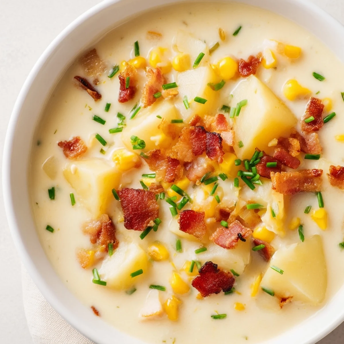 A comforting serving of homemade corn chowder soup, perfect for cool weather dining with the family.