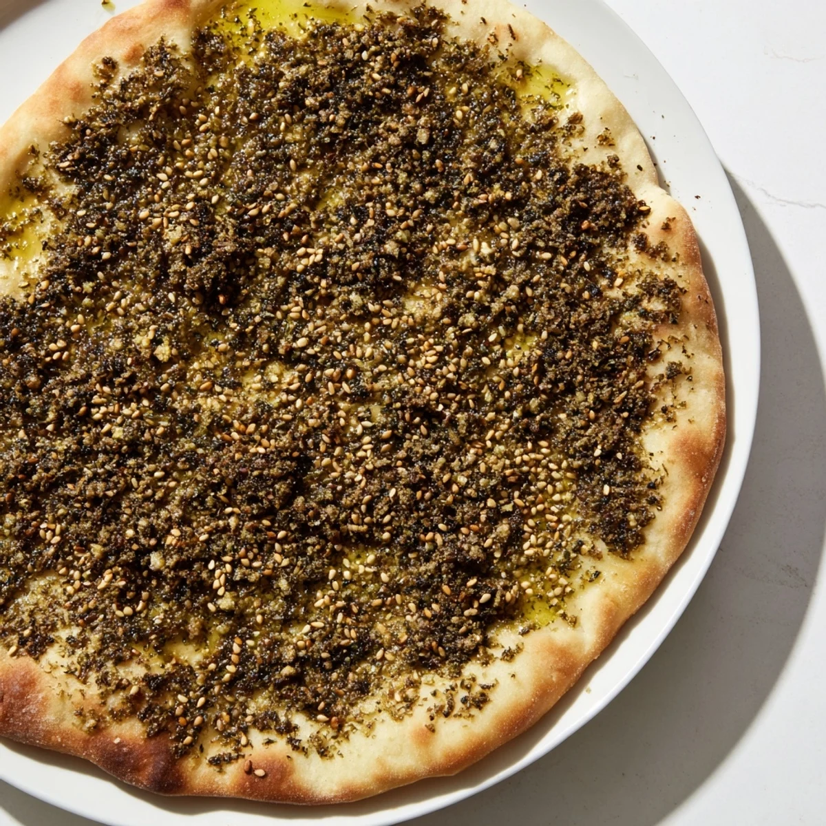 A close-up of freshly baked Levantine Zaatar Bread, with sesame seeds and olive oil glistening.
