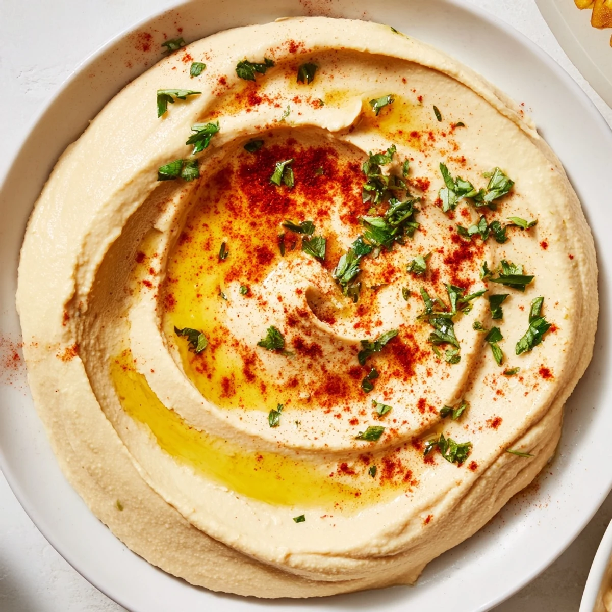A delicious Levantine hummus with a swirl of olive oil, perfect as a vegan appetizer or snack.