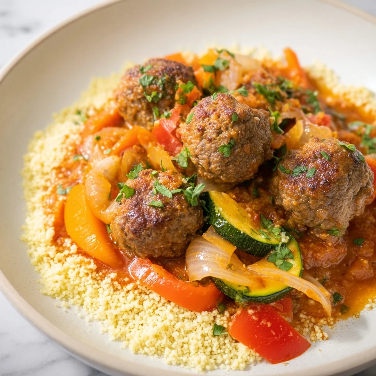 Plated North African Couscous Kefta: a vibrant dish with fluffy couscous and tender spiced meatballs.