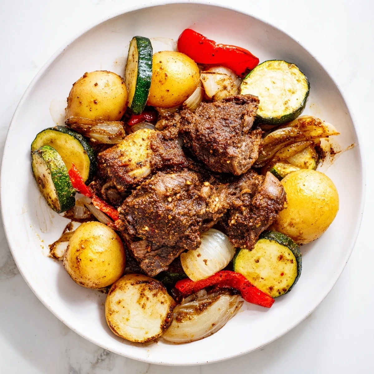Close-up of succulent Jordanian Zarb, perfectly slow-cooked meat with colorful vegetables.