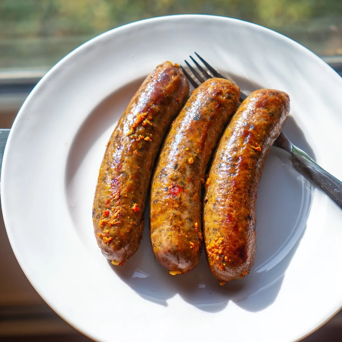 Close-up of freshly cooked Tunisian Merguez sausage, showcasing the spicy, savory, mouthwatering textures.