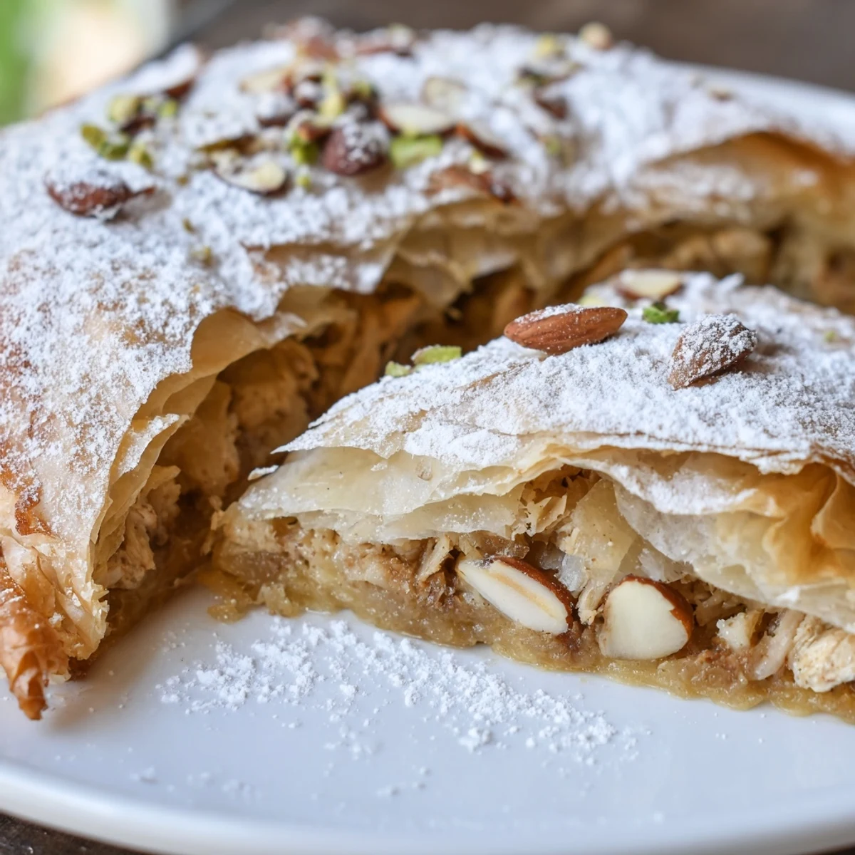 Golden, flaky layers of phyllo pastry encase a savory chicken filling in this Moroccan Pastilla Pie.