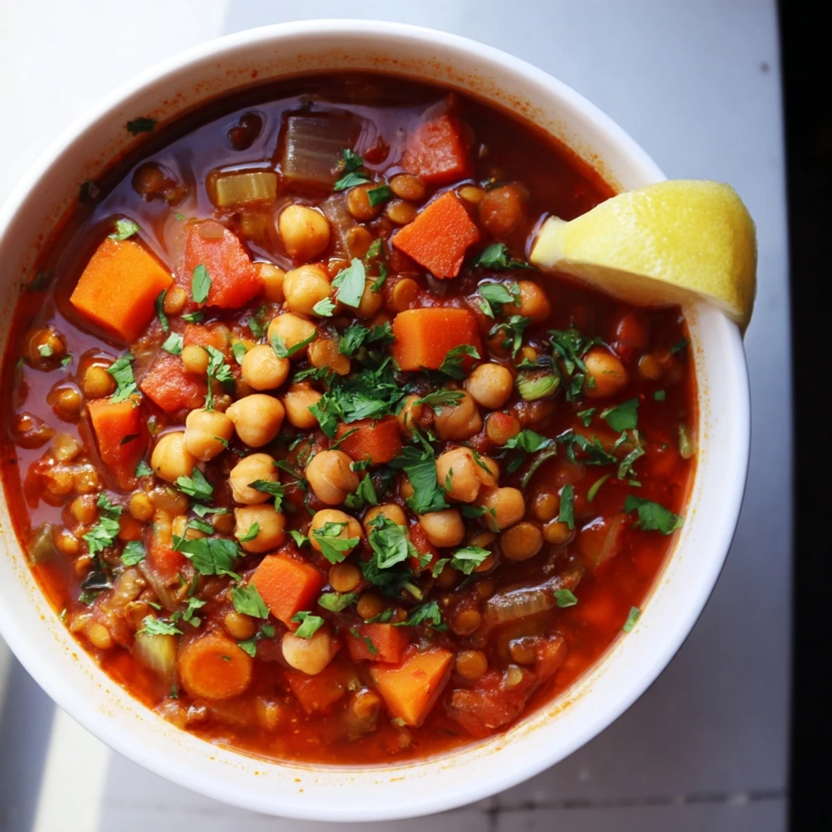 Steaming bowl of North African Harira Soup with vibrant herbs, ready to be enjoyed on a chilly evening.
