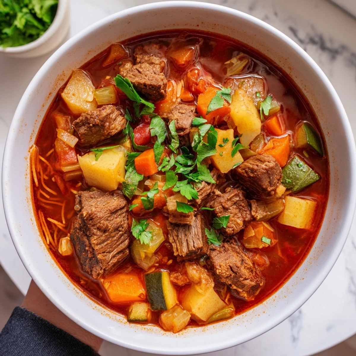 Steaming bowl of Algerian Chorba: a flavorful lamb and vegetable soup, garnished with fresh herbs.