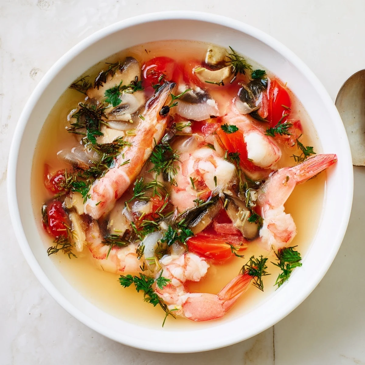 Steaming bowl filled with Spicy Tom Yum Soup, garnished with fresh cilantro and green onions.