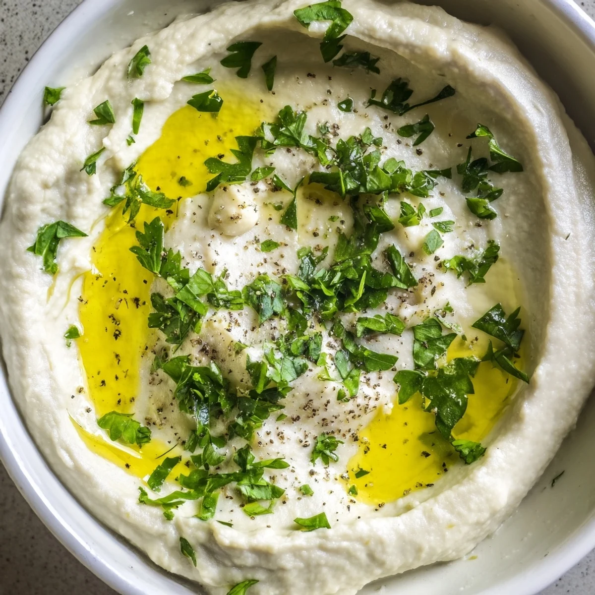 A bowl of vibrant White Bean Dip topped with olive oil and fresh herbs for a party appetizer.