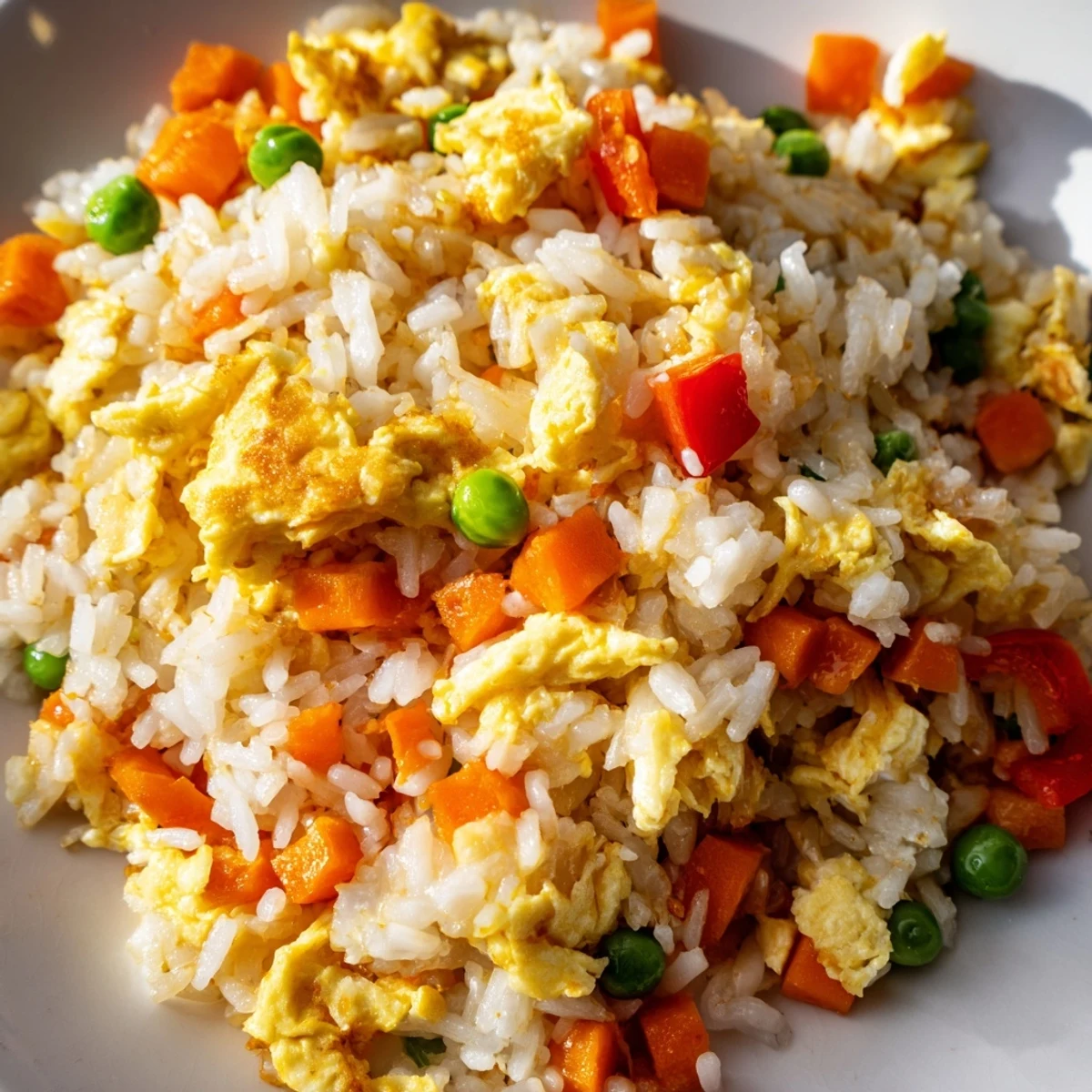 Fluffy scrambled eggs and colorful vegetables mingle with seasoned rice in this classic Egg Fried Rice, served hot from a sizzling wok.