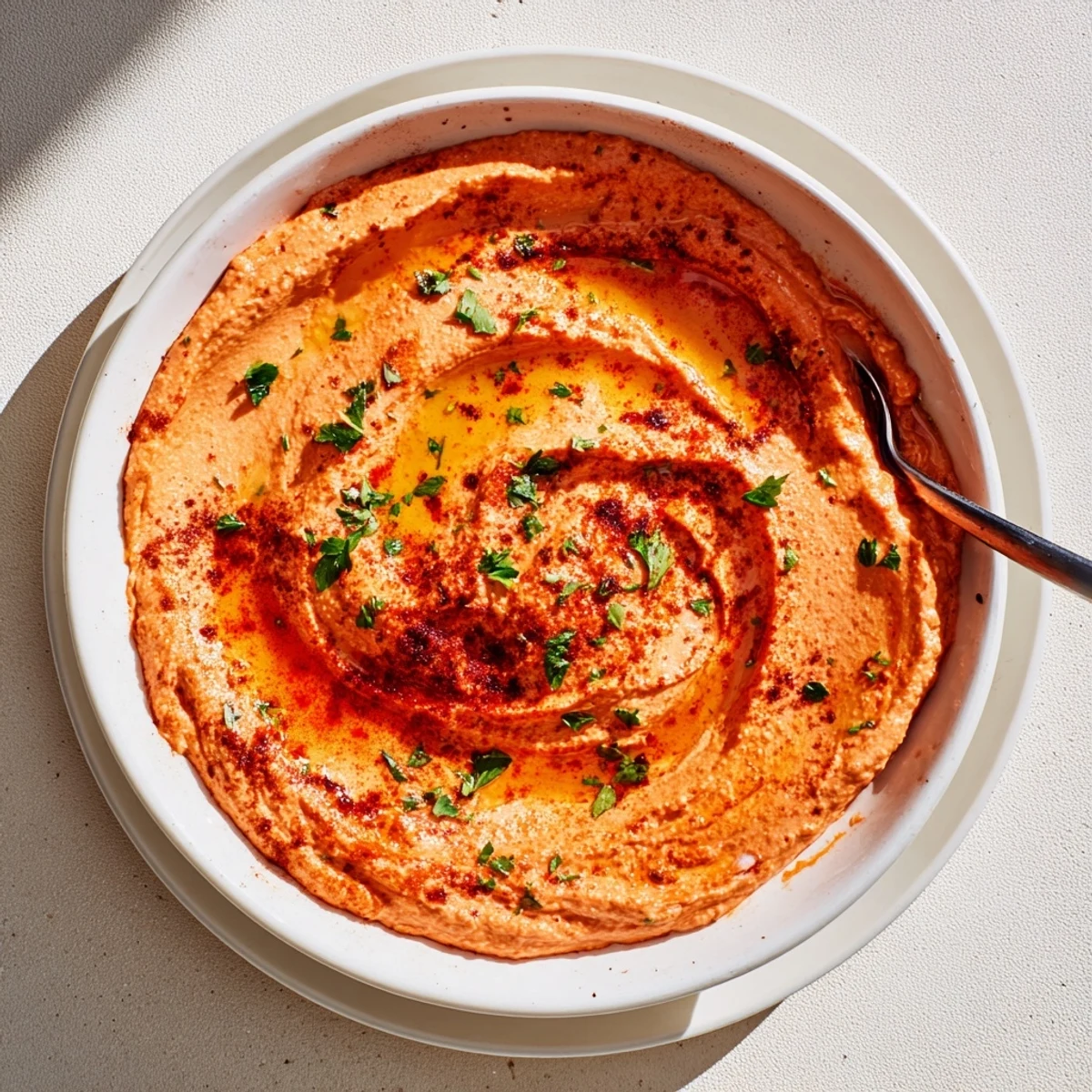 A bowl of creamy roasted red pepper hummus garnished with olive oil and paprika, perfect for dipping pita chips.