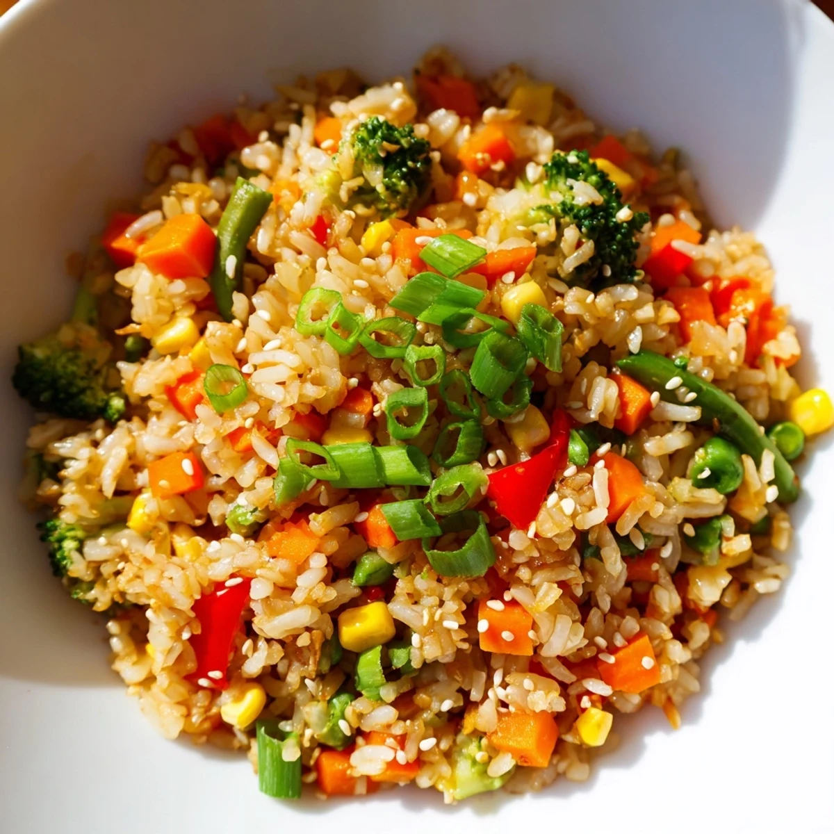 A close-up of vibrant Vegetable Fried Rice with colorful carrots, peas, and bell peppers in a white bowl, garnished with green onions.