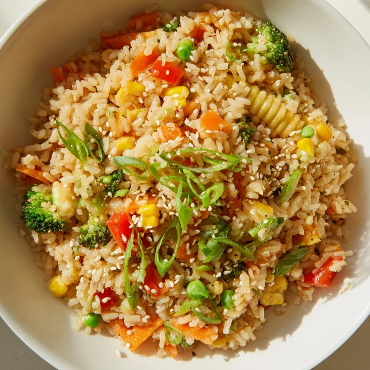 A serving of homemade Vegetable Fried Rice with mixed vegetables, topped with sesame seeds, perfect as a quick vegetarian dinner side.