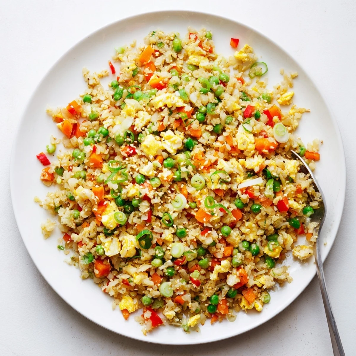 Golden scrambled eggs and vibrant diced vegetables are folded into tender, grain-free Cauliflower Fried Rice for a light and savory meal.