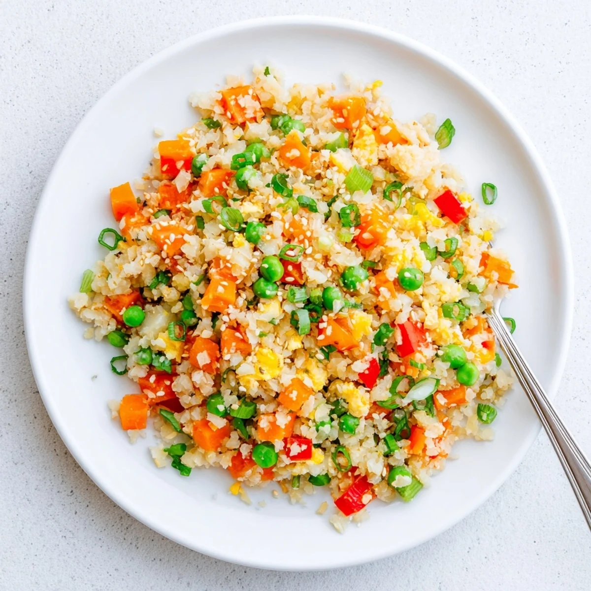 Hot Cauliflower Fried Rice sizzles in a wok, garnished with green onions and a drizzle of toasted sesame oil.