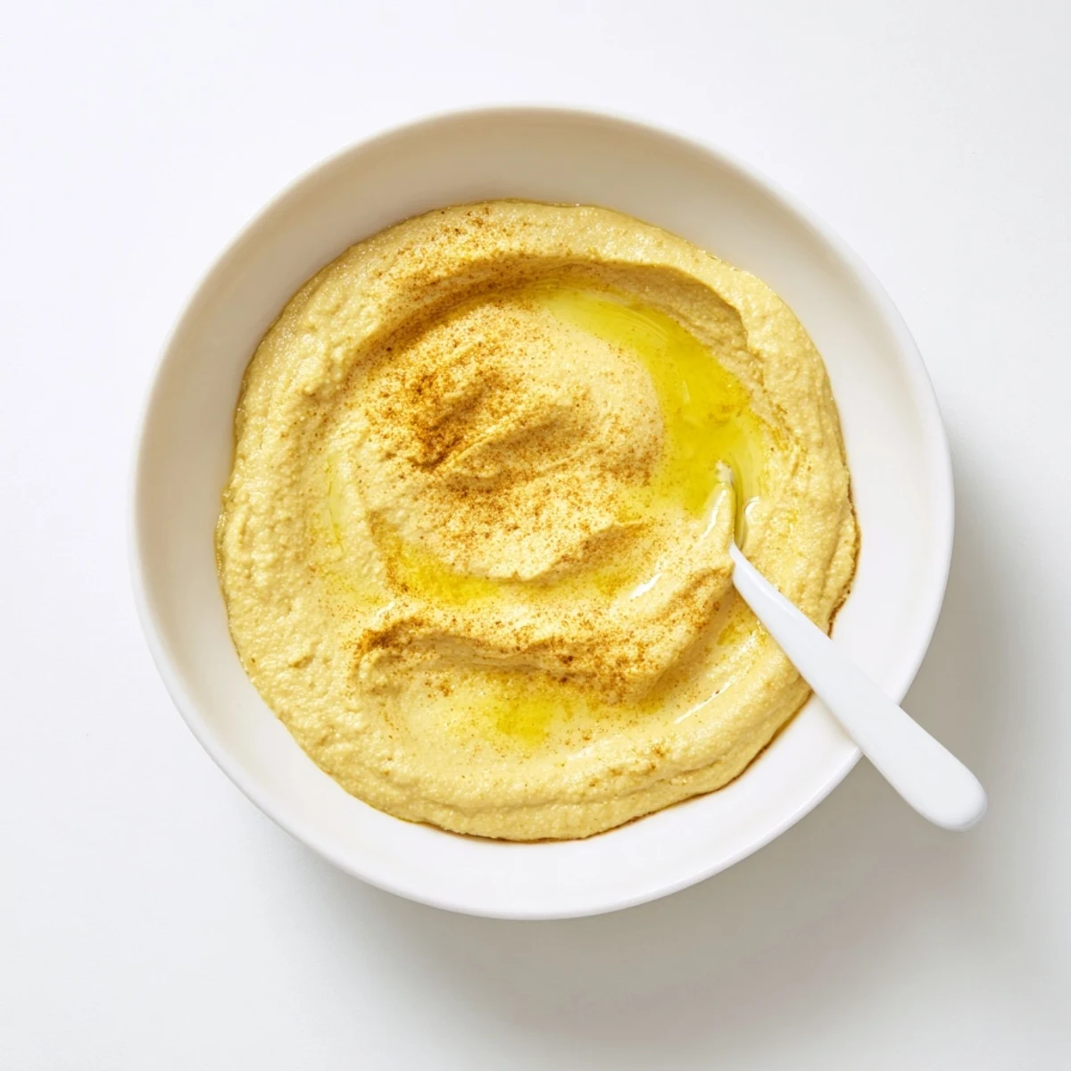 A rustic food processor bowl shows freshly blended chickpea curry paste with vibrant turmeric hue.