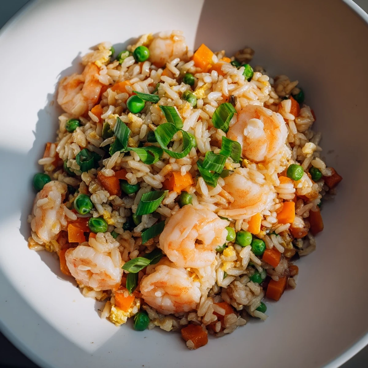 Golden-brown shrimp garlic fried rice with peas and carrots, served steaming hot in a white bowl for a quick weeknight meal.