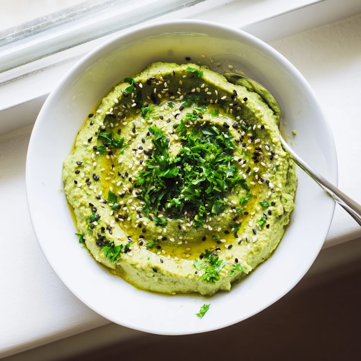 Creamy, green Edamame Hummus topped with olive oil, sesame seeds, and parsley in a serving bowl.