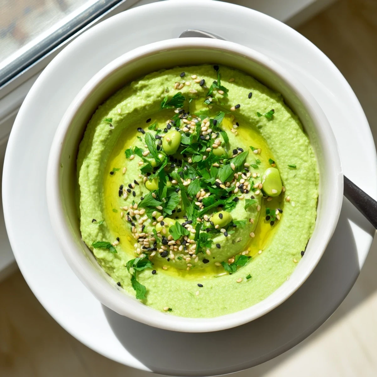 Edamame Hummus spread on a pita chip with a drizzle of olive oil, perfect for snacking.