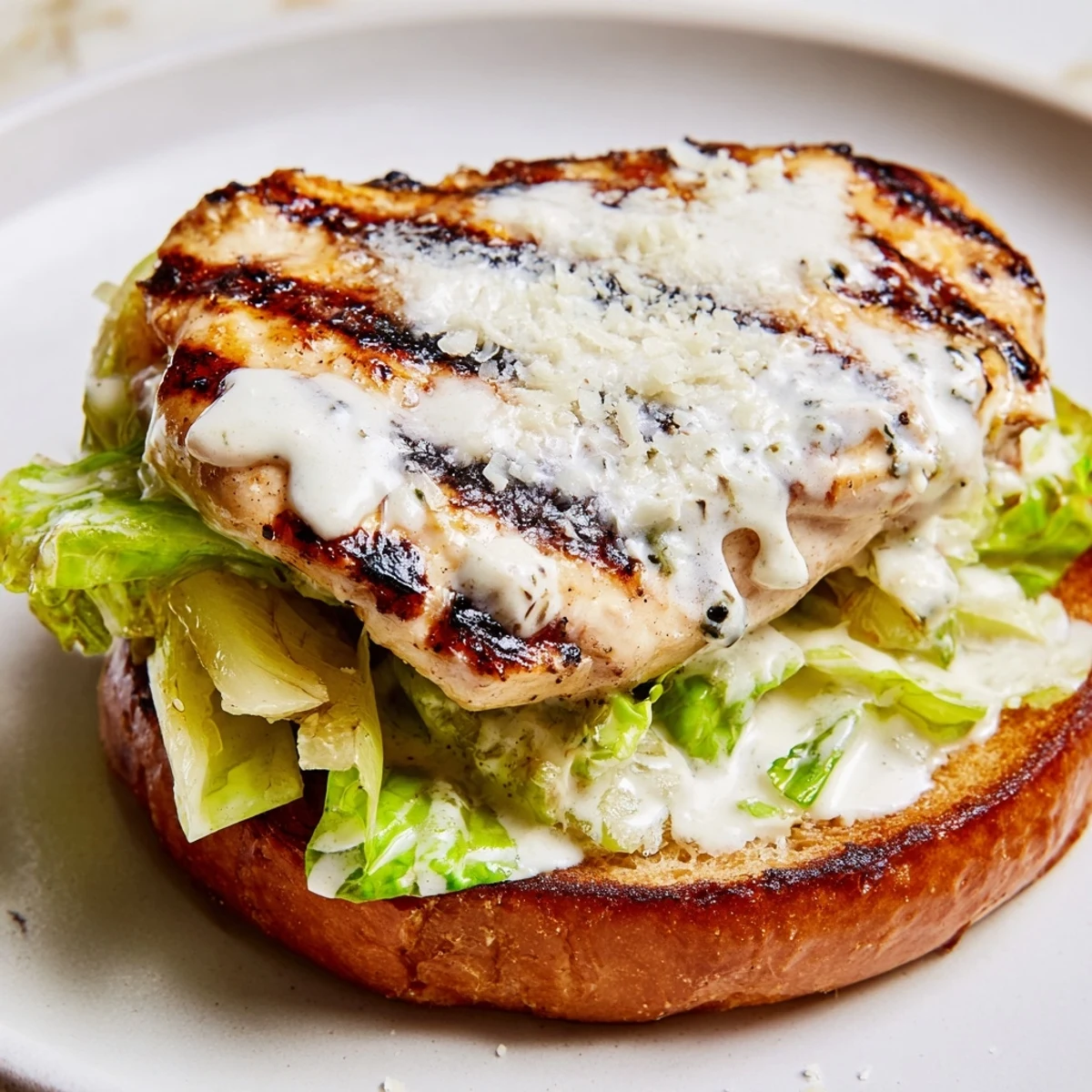 Juicy grilled chicken cutlets with crisp romaine and creamy Caesar dressing on a toasted brioche bun.