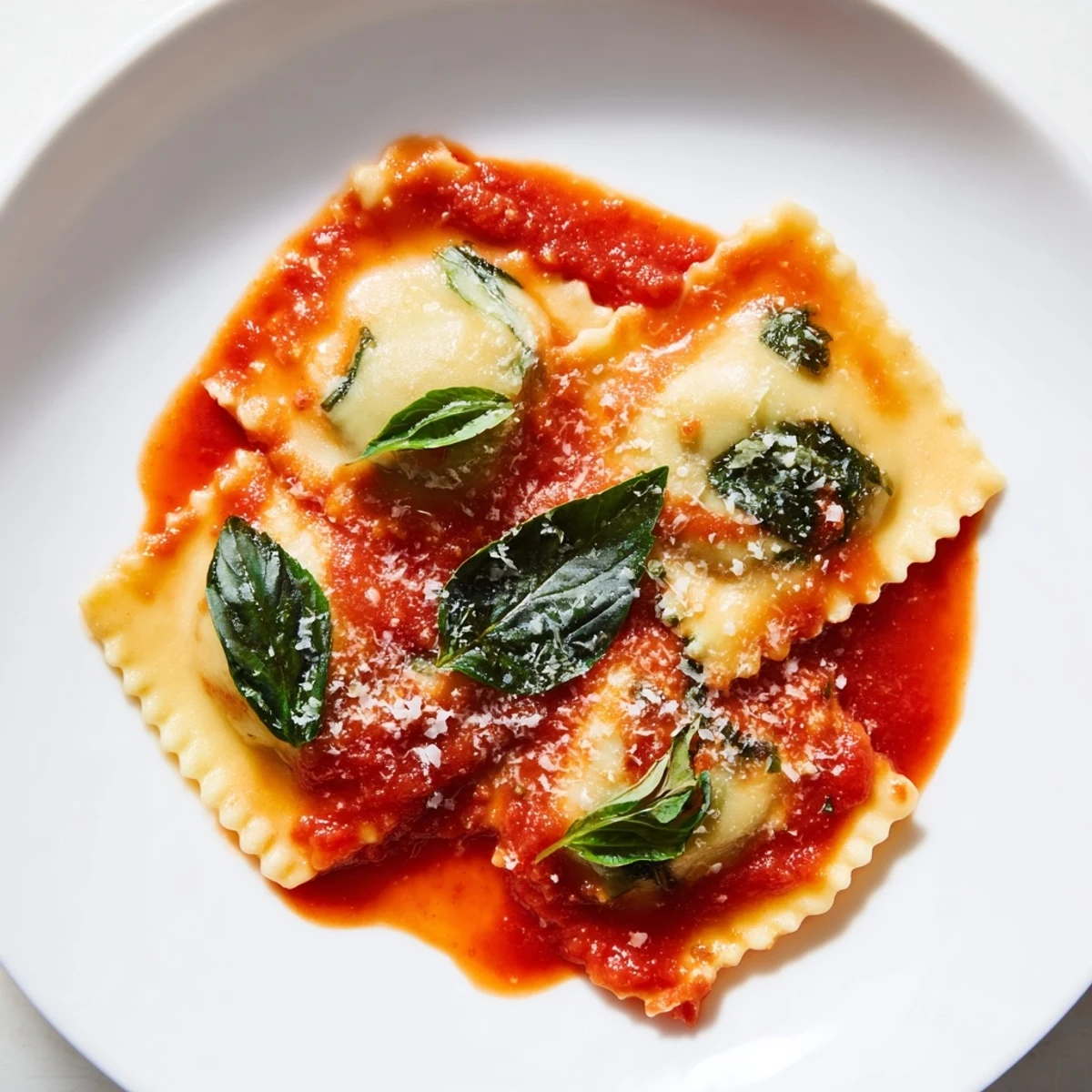Delicate homemade Spinach Ricotta Ravioli in vibrant red marinara, garnished with fresh basil and grated Parmesan on a rustic plate.