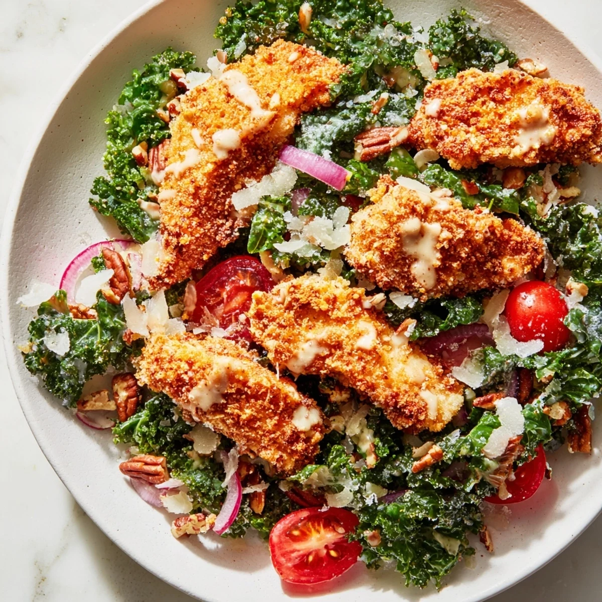 Golden, crispy chicken strips lie atop a bed of fresh chopped kale, garnished with cherry tomatoes and red onion in this vibrant Crispy Chicken Kale Salad.