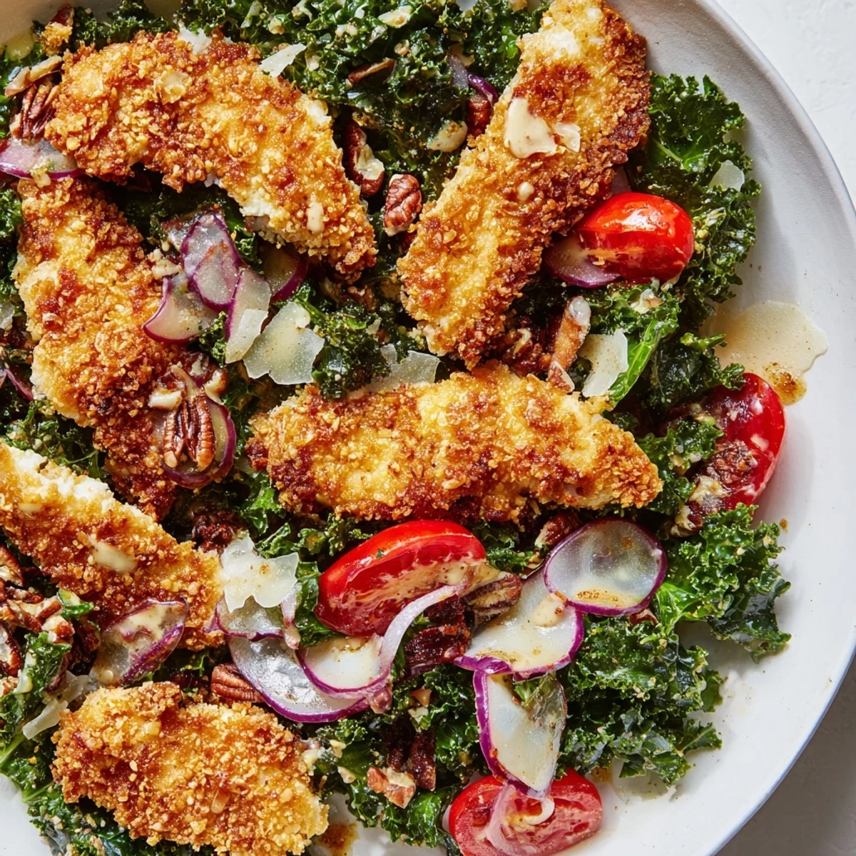 A hearty serving of Crispy Chicken Kale Salad features golden-brown chicken breast slices resting on massaged kale with a tangy maple-Dijon dressing.