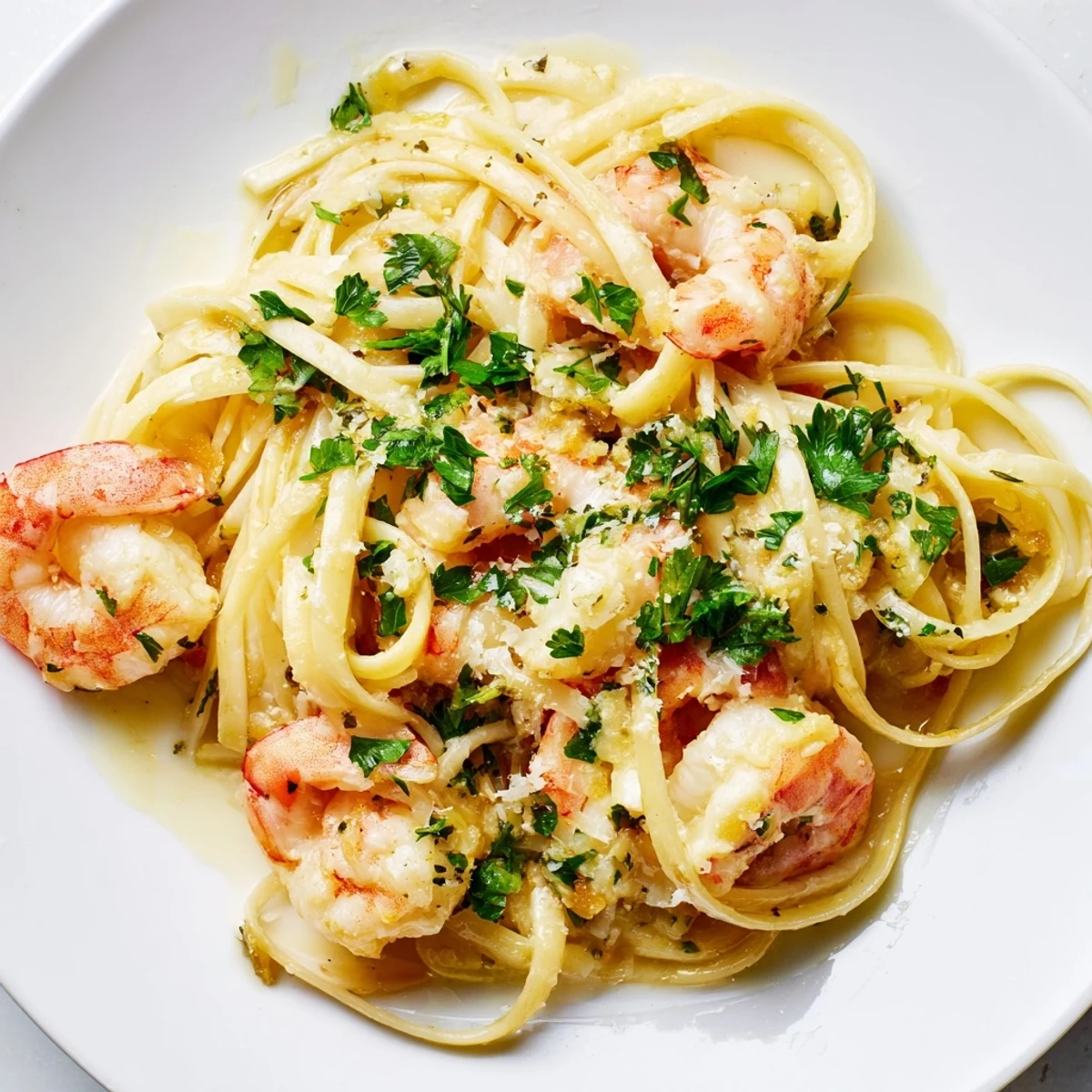 Creamy Garlic Shrimp Pasta plated with a lemon wedge, ready to be tossed and served as a comforting weeknight Italian-American dinner.