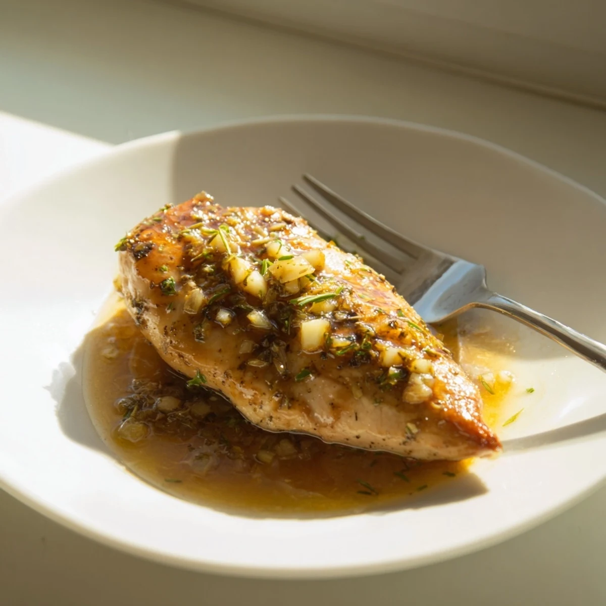 Golden-brown chicken breasts glazed in a shiny honey Dijon sauce, simmering in a skillet with fresh herbs and garlic.