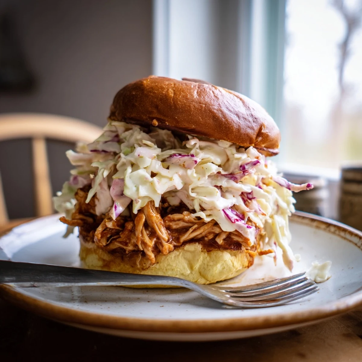 Homemade pulled barbecue chicken sandwich served on a buttery brioche bun with creamy slaw.  