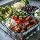 A hearty Meal Prep Burrito Bowl base with seasoned chicken, crisp peppers, and lime wedges ready for meal prepping.