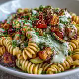 Golden roasted cherry tomatoes and red onions mix with chickpea pasta, finished with a drizzle of sesame tahini dressing.