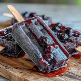 Deliciously tart Black Currant Popsicles frozen with wooden sticks, ready to enjoy as a refreshing vegan summer dessert.