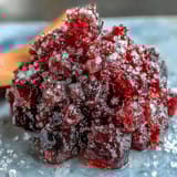 A bowl of homemade Black Currant Granita features vibrant purple-red flakes and fresh mint for garnish.