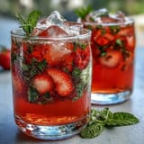 Vibrant strawberry basil lemonade mocktail pitcher, garnished with whole strawberries and basil leaves, perfect for summer parties.