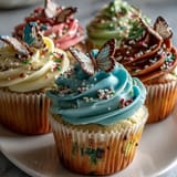 Soft and fluffy vanilla cupcakes decorated with pastel buttercream flowers and fluttering butterfly accents, perfect for Easter or Mother's Day.