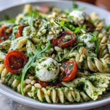 Vibrant pasta salad featuring fresh basil pesto, juicy cherry tomatoes, and creamy mozzarella for a perfect summer dish.