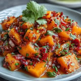 Vibrant mango habanero salsa featuring ripe mango, fiery habanero peppers, and fresh cilantro, ideal for tacos or grilled chicken.  