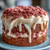 Moist Rosé Velvet Cake with luscious cream cheese frosting, draped in gold.